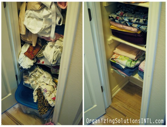 Stuffed Linen Closet - Organized Linen Closet Before and After