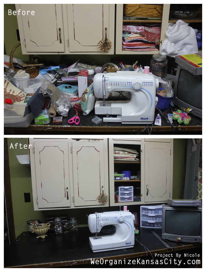 A Craft Room Rediscovered - before and after of an organized sewing counter