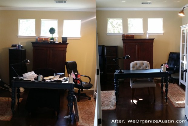 Professional Organizer Austin - Catch-all Home Office - Cluttered Home Office Organized Home Office