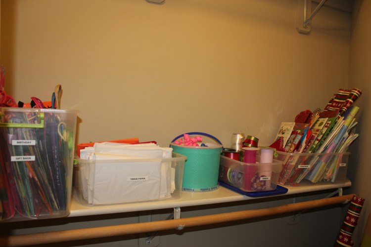 Congested Closet Turned Creative Corner - organized shelf plus covered bucket