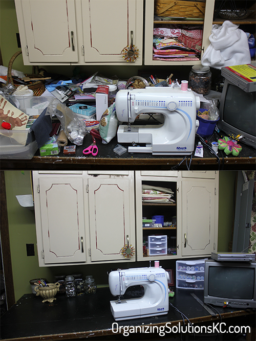 A Craft Room Rediscovered - before and after of an organized sewing counter