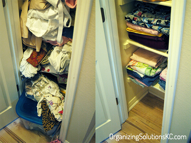 Stuffed Linen Closet - Organized Linen Closet Before and After